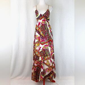 Parker Paisley Silk Empire Waist Spaghetti Strap Maxi Dress Vintage Lacy Parker